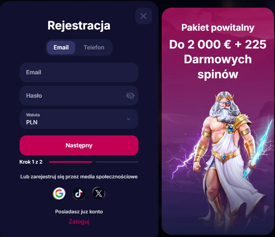 Rejestracja NV Casino krok 2
